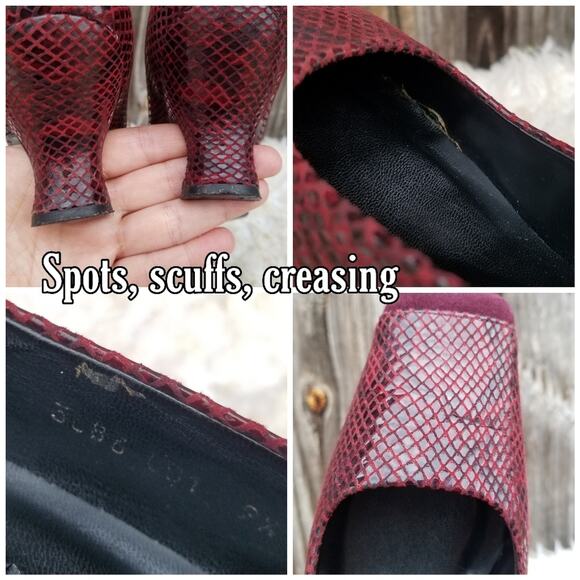 Suede & Snake Print Pumps Size 9.5 Square Cap Toe Dark Red Leather Heels Proxy - Picture 9 of 13
